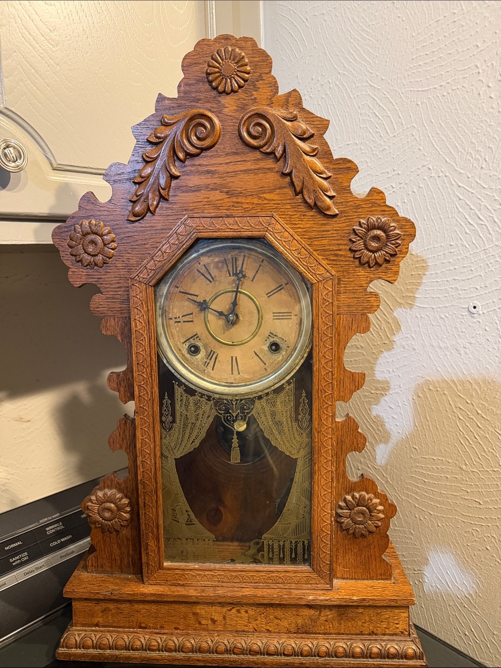 William L Gilbert Antique-Style Carved Wooden Wall Clock in Warm Brown